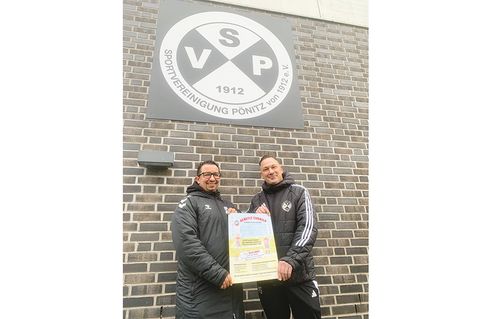 Paulo Chavez, Abteilungsleiter Herrenfussball (links), und Maurice Stempa, Abteilungsleiter Jugendfußball, Jugendobmann und Trainer der C-Jugend Mannschaft, freuen sich auf viele Besucher und Spenden beim Benefiz-Jugendfußballturnier am 21. Dezember in Pönitz.