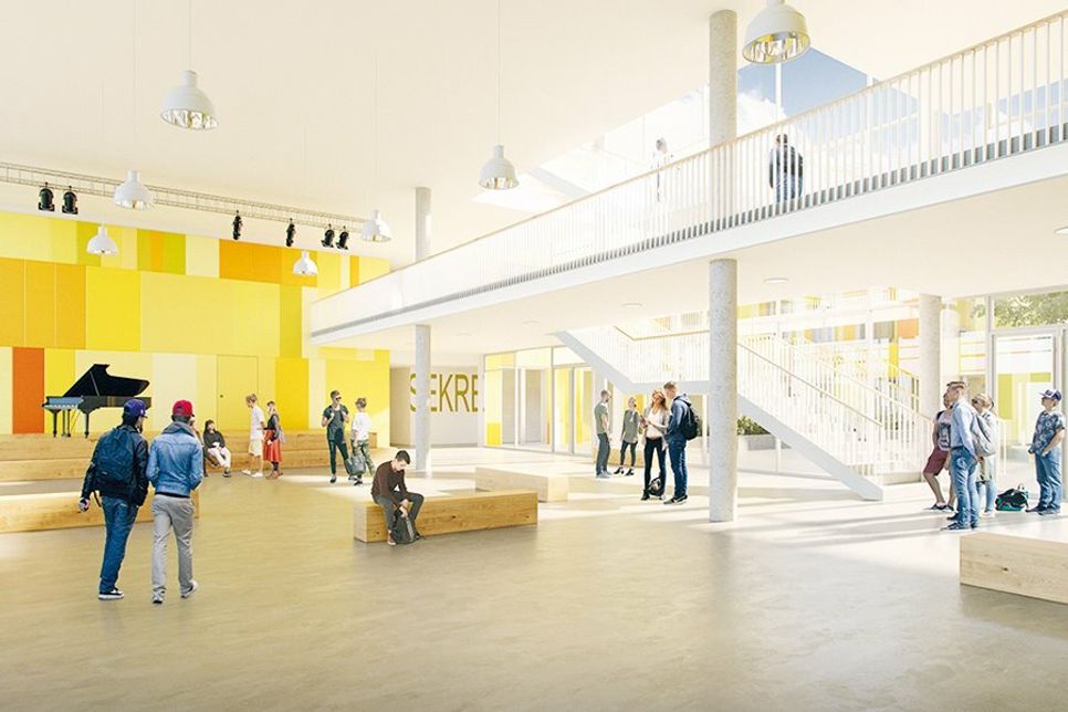 Ein Blick ins Innere der neuen Schule: die Aula und das Treppenhaus des Gymnasiums am Mühlenberg.