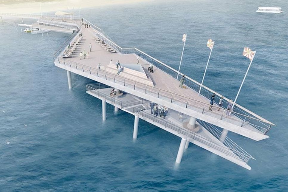 So sieht der Entwurf für die neue Seebrücke von Haffkrug, hier der Brückenkopf, aus.
