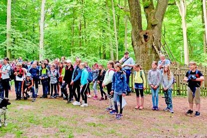 Etwa 150 Viertklässler der Gustav-Peters-Schule starteten von der Bräutigams-Eiche zu einem Wald-Erlebnis-Parcours.