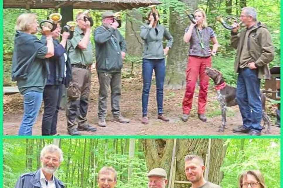Der Bläserchor „Freischütz“ Eutin läßt zum Auftakt des Walderlebnistages die Jagdhörner erklingen. - Unten (v.l.) Dr. Michael Weber und Jürgen Bröker-Wolf vom Eutiner Serviceclub Kiwanis beim Überreichen einer finanziellen Spende; Christian Meissner und Matthias Fellenberg von der Kreisjägerschaft Eutin, Dr. Sylvia Drews vom Verein Erlebnis Natur (ERNA).