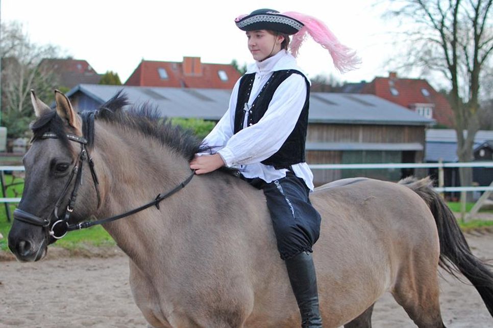 Das tapfere Reiterlein trabt auf einem Konik-Großpony.
