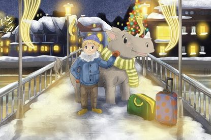Winterliche Neustadt-Szene: Das neue Buchcover zeigt Nasi Nashorn und Justus auf ihrer weihnachtlichen Reise.