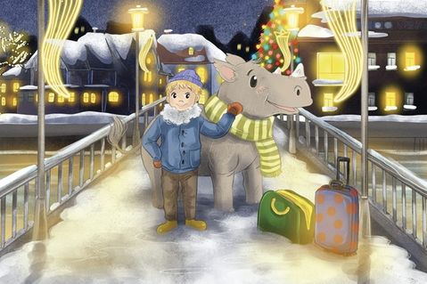 Winterliche Neustadt-Szene: Das neue Buchcover zeigt Nasi Nashorn und Justus auf ihrer weihnachtlichen Reise.