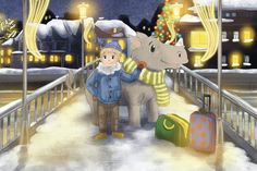 Winterliche Neustadt-Szene: Das neue Buchcover zeigt Nasi Nashorn und Justus auf ihrer weihnachtlichen Reise.