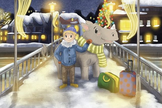Winterliche Neustadt-Szene: Das neue Buchcover zeigt Nasi Nashorn und Justus auf ihrer weihnachtlichen Reise.