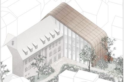 Die Größe und die geschwungene Bauweise des Neubaus, verkleidet mit Cortenstahl, erinnert an den Rumpf der Cap Arcona.