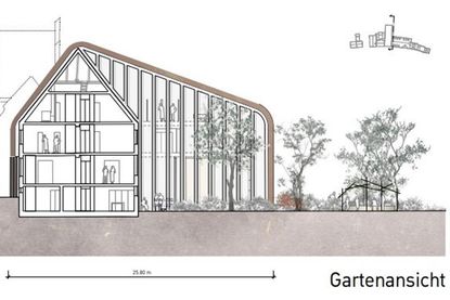 Hier ist die Gartenansicht des Dokumentationszentrums zu sehen.