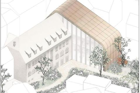 Die Größe und die geschwungene Bauweise des Neubaus, verkleidet mit Cortenstahl, erinnert an den Rumpf der Cap Arcona.