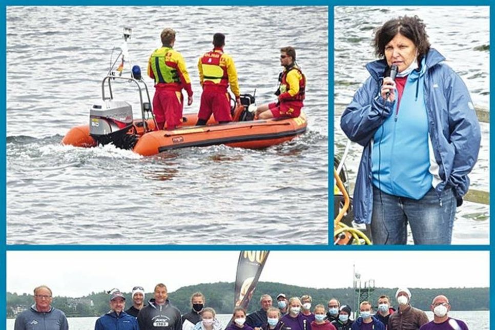 Für Sicherheit der Schwimmer sorgen Rettungsboote. Carina Kügler (r.o.) sagt an, wer wann ins Wasser “muss”. - Unten: “Geschafft!”- Die 3000-m-Schwimmer mit ihren Urkunden.