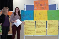 Anhand ihres Themas „Müll im Wald“ erklärten Mascha Benning (li.) und Ann-Sophie Meyer die vielfältigen Lernmöglichkeiten vom Sammeln übers Sortieren, dem Bauen einer Skulptur bis hin zum Bepflanzen.