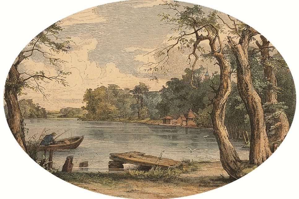 Blick über den Eutiner See aus Voß‘ Garten. Kolorierter Holzstich von Hinrich Wrage (1882). Aus: Die Gartenlaube 29/1882. Bild: Eutiner Landesbibliothek