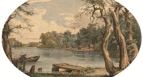 Blick über den Eutiner See aus Voß‘ Garten. Kolorierter Holzstich von Hinrich Wrage (1882). Aus: Die Gartenlaube 29/1882. Bild: Eutiner Landesbibliothek