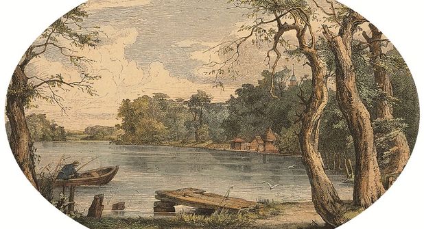 Blick über den Eutiner See aus Voß‘ Garten. Kolorierter Holzstich von Hinrich Wrage (1882). Aus: Die Gartenlaube 29/1882. Bild: Eutiner Landesbibliothek