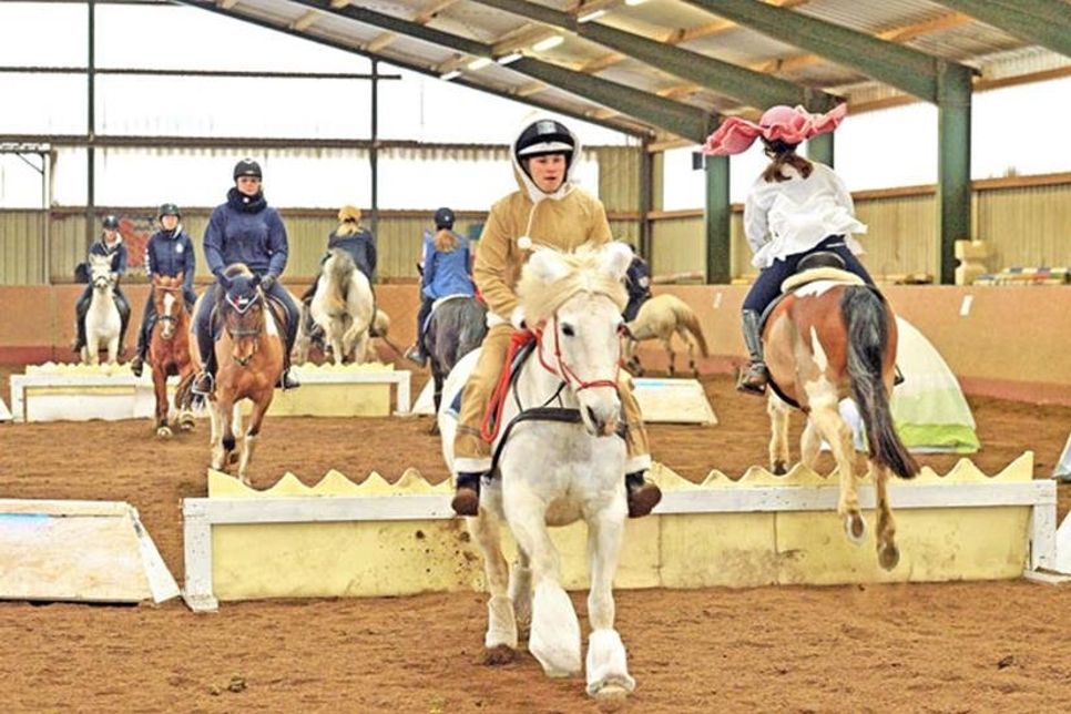 Im Galopp steuern die Reiter gegenläufig auf die Hindernisse zu.