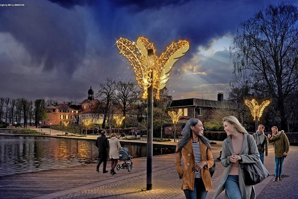 Diese Visualisierung zeigt, wie die Federn-Illumination an der Stadtbucht aussehen könnte