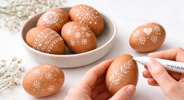 Feine Linien, kleine Blüten: Mit einem weißen Lackstift entstehen auf braunen Eiern schlichte, elegante Muster.