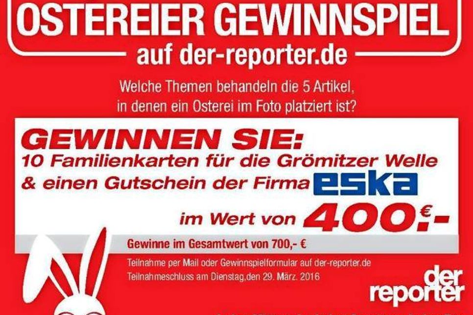Welche Themen behandeln die fünf Artikel, in denen unser reporter-Osterei im Foto auf der-reporter.de platziert ist. Einfach sammeln und online mitspielen unter info@der-reporter.de oder mit dem reporter Gewinnspielformular. (red)
