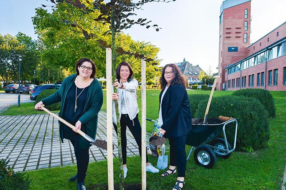 Julia Lorenz (links), Bürgermeisterin Bettina Schäfer und Stefanie Wehe pflanzten eine Blutbuche vor dem Bürgerhaus in Scharbeutz.