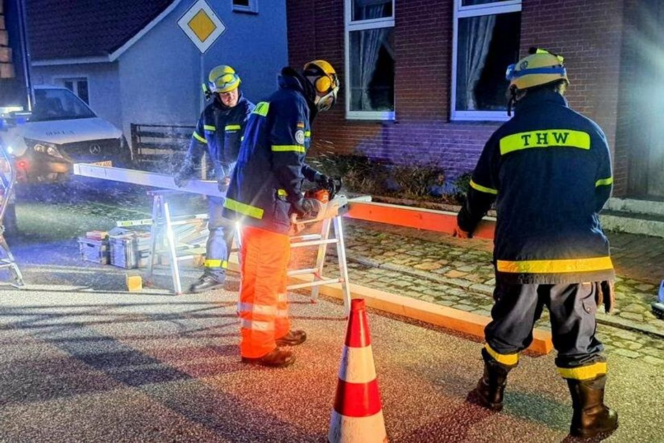Mit dem Zuschnitt der Holzkonstruktion zur Entlastung des Mauerwerks wurde sofort begonnen.