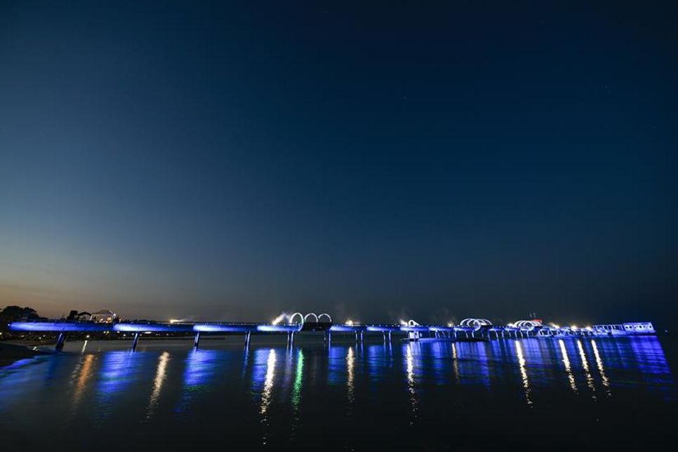 Zum Abschluss des Promenadenfestes gibt es eine Show-Illumination der Seebrücke mit passender Musikuntermalung und kleinem Feuerwerk.