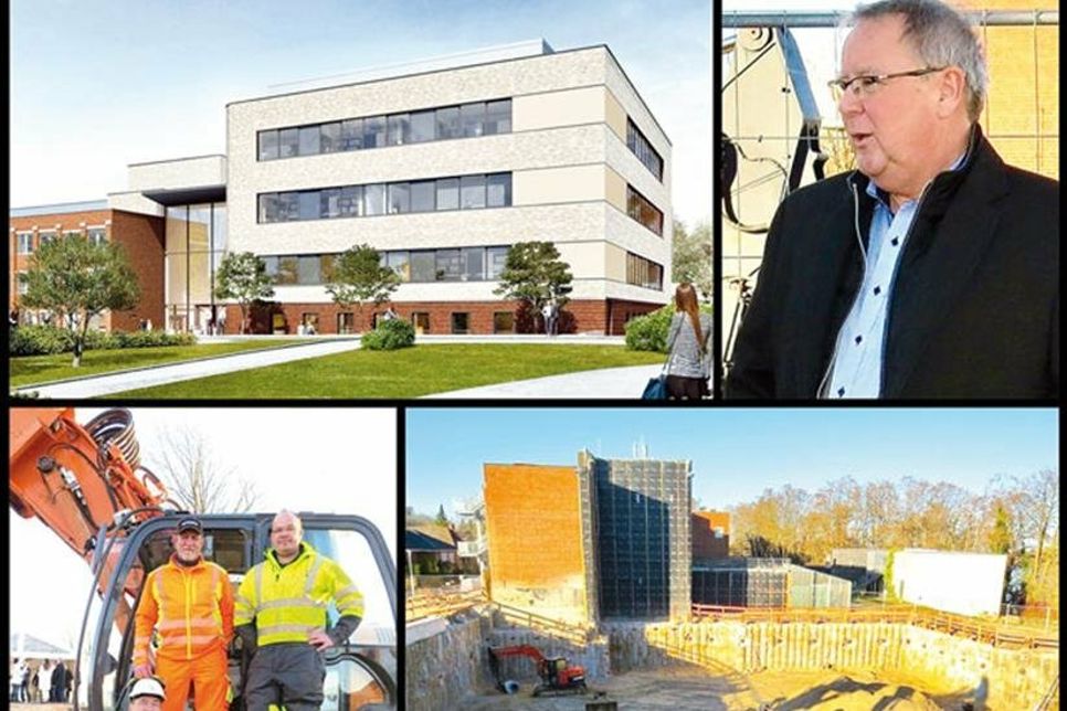 Bürgermeister Lars Winter (o.r.) freut sich, dass mit dem Institutsneubau für Plön ein wichtiger Wissenschaftsstandort gesichert sei. - Oben links: Modell des Neubaus. - Unten: Drei Spezialisten vom Tiefbau-Team sind stolz, dass ihre Arbeit - die Fertigstellung der Baugrube (r.) - zügig und reibungslos abgeschlossen ist.