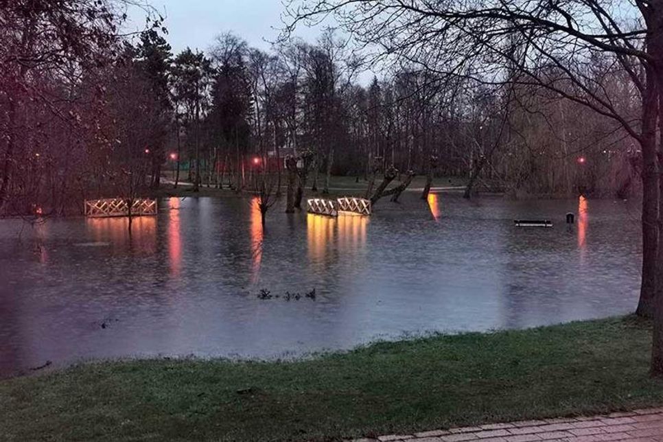 „Land unter“ im „Alten Kurpark“ in Timmendorfer Strand: Durch die anhaltenden Regenfälle hat das Wasser große Teile überschwemmt und die Brücken sahen aus wie kleine Inseln.