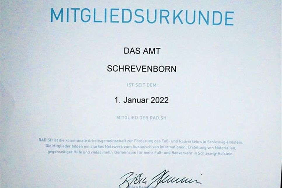 Mitgliedsurkunde unterzeichnet von Bürgermeister Björn Demmin (Preetz), Vorsitzender der RED.SH.