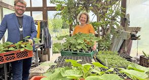 Einrichtungsleiter Jan Spiesky und Anleiterin Siliva Warmer haben kistenweise Gemüsejungpflanzen und Blumen im Anzuchtgewächshaus vorbereitet.