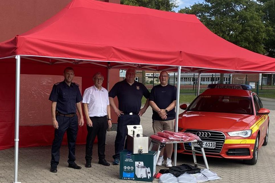 Wehrführer Marcel Moldenhauer, Kassenwart Jürgen von Schassen, Festwirt Matthias Fiehn und 1. Vorsitzender Florian Jaekel.