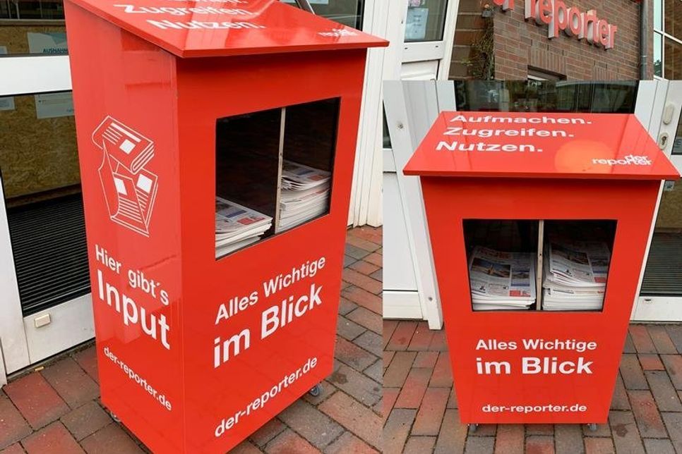 Die Holzbox steht direkt vorm Verlag in der Hochtorstraße 19 und hält den reporter bei Wind und Wetter für die Leser bereit.
