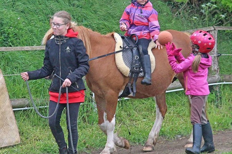 Die Kleinen mit Ballspielen auf dem Pony