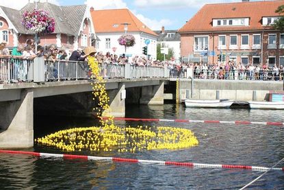Ab ins kühle Nass: Diesmal starteten die Enten direkt von der Hafenbrücke. Hunderte Schaulustige verfolgten den Start.