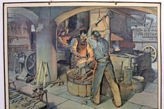 Mit solchen Schulwandbildern, wie sie zum Fundus des Dorfmuseums gehören, wurde bis in die 50er Jahre das Schmiedehandwerk dargestellt.