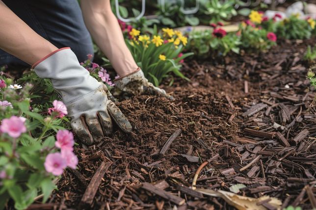 Eine Abdeckung aus Rindenmulch, Holzhäckseln oder mineralischem Material wie Kies reduziert die Verdunstung deutlich.