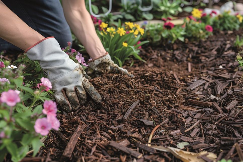 Eine Abdeckung aus Rindenmulch, Holzhäckseln oder mineralischem Material wie Kies reduziert die Verdunstung deutlich.