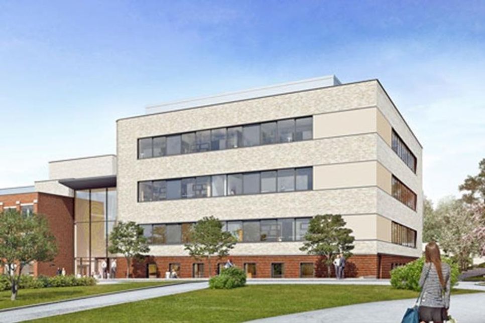 Ansicht des neuen Max-Planck-Instituts für Evolutionsbiologie aus Richtung der B76 mit dem Haupteingang zur August-Thienemannstrasse.