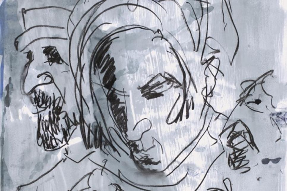 Armin Mueller-Stahl: Unsere Reporterin war schon in vielen Krisengebieten, 2013, Mischtechnik auf Papier (© VG Bild-Kunst, Bonn 2024, Foto Klaus Karstedt, Lübeck).