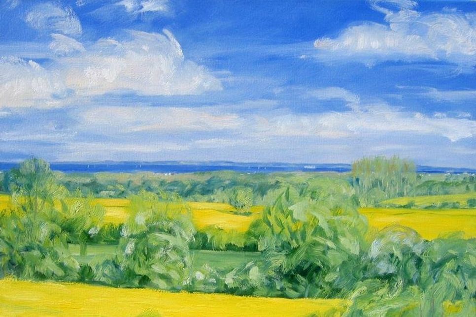 Filigrane Pinselführung für Perspektive und Tiefe: Blick von Gronenberg auf die Lübecker Bucht.