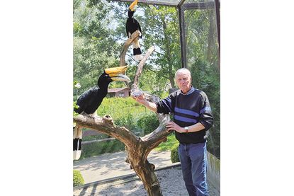„Vogelvater“ Klaus Langfeldt mit zwei seltenen Rhinozeros-Hornvögeln. Einige Tiere hat er per Hand aufgezogen.