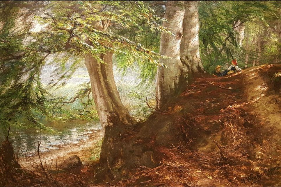 Hinrich Wrage, Buchenwald am Dieksee (Rast am Walde),  um 1890, Öl auf Leinwand.