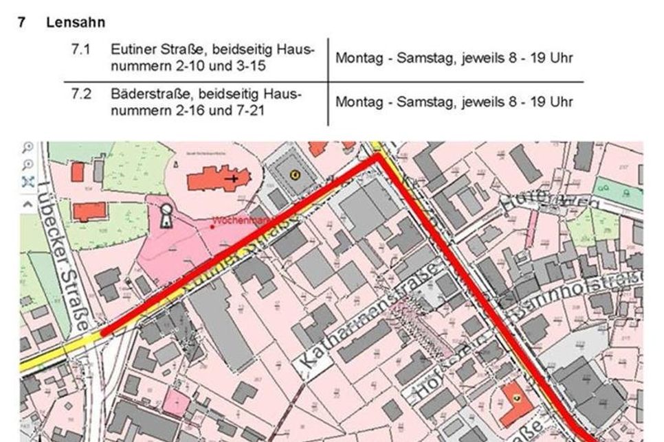Maskenpflicht Lensahn – Eutiner Straße (beidseitig Hausnummern 2-10 und 3-15) - Montag - Samstag, jeweils 8 - 19 Uhr; Bäderstraße (beidseitig Hausnummern 2-16 und 7-21) - Montag - Samstag, jeweils 8 - 19 Uhr