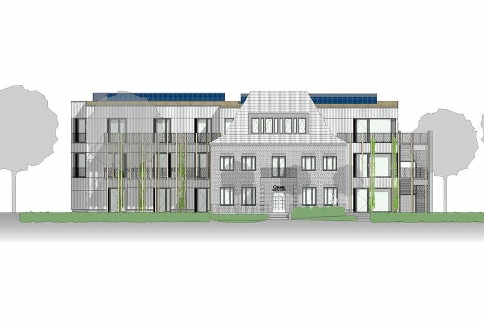 Südansicht: So soll das Umwelthaus nach den Umbaumaßnahmen aussehen. Der alte Backsteinbau wird integriert. (Grafik: IBUS Architekturgesellschaft)