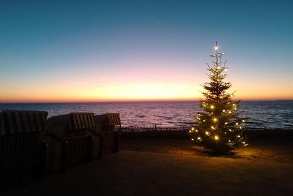 Thomas Wolf schickte uns dieses Bild aus Sierksdorf, das den warmen Lichterglanz des Weihnachtsbaums mit der weiten Ostseekulisse verbindet.