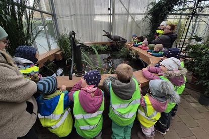 Die Kinder erkundeten die Pflanzenwelt mit dem angelegten Teich in der Gärtnerei Hamer.