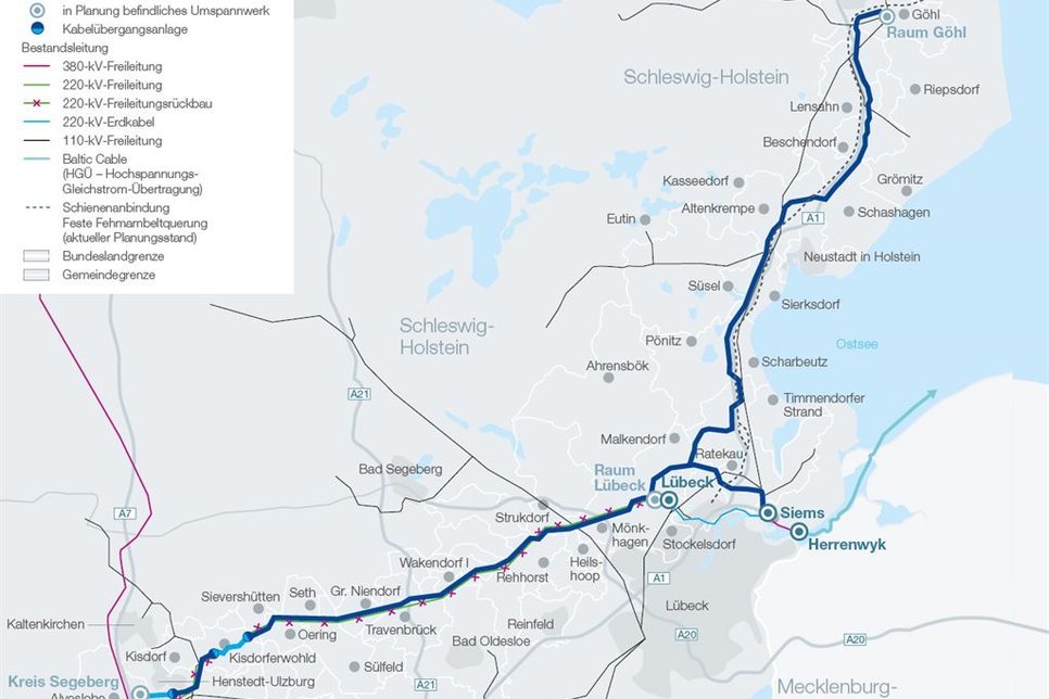 Schematische Karte der Ostküstenleitung von Lübeck nach Göhl. (Skizze: TenneT)