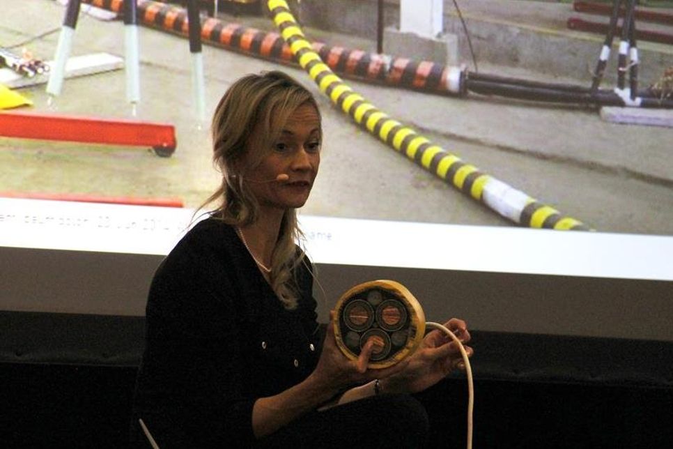 Verena Jeske präsentierte ein Stück Kabel, mit dem der auf See erzeugte Strom an Land übertragen wird.