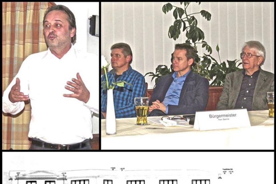 Projektmanager Jukka Heymann (o.l.) erläutert vor einer Bürgerversammlung die neue Senioreneinrichtung in Sielbeck. - Oben rechts: Dorfvorsteher Martin Syring, Bürgermeister Carsten Behnk und Bürgervorsteher Dieter Holst (v.l.). - Unten: Planskizze des neuen Wohnkomplexes für ambulant geführte Wohngemeinschaften demenzkranker Menschen.