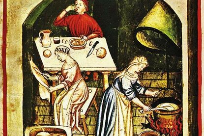 Historische Darstellung einer Küche aus „Tacuinum sanitatis“ (Wien, Österreichische Nationalbibliothek, um 1390).