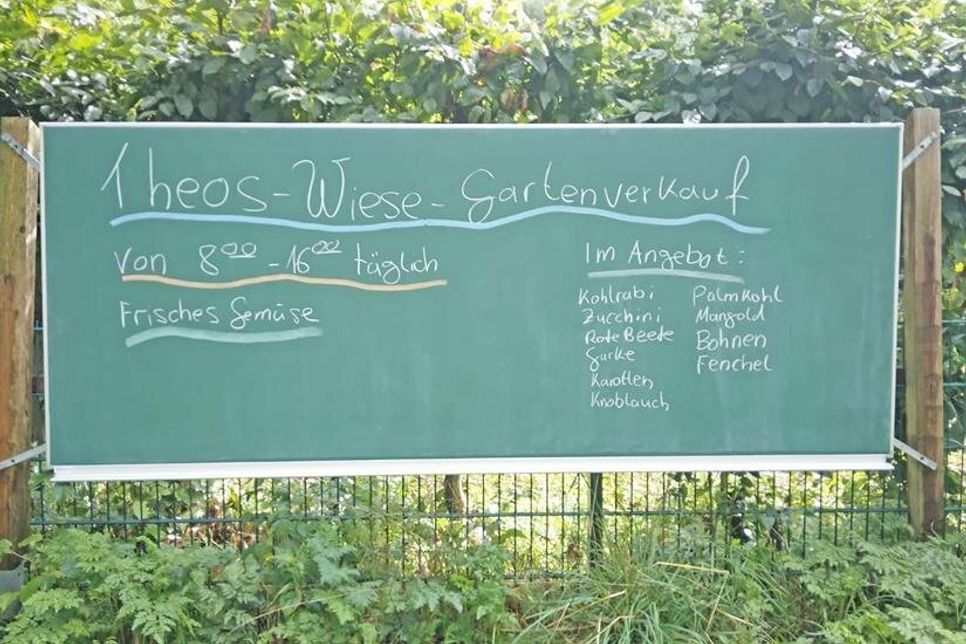 Auf der Gartentafel steht immer, was es bei Theos Wiese aktuell im Angebot gibt.